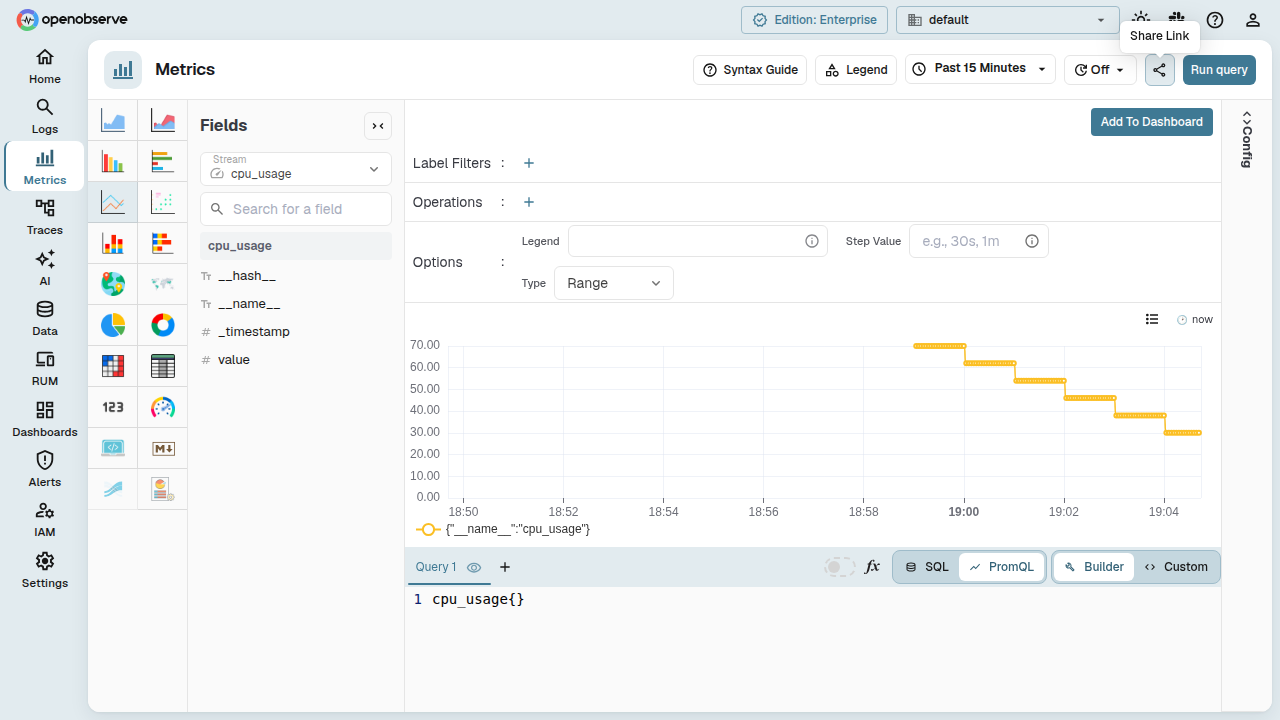 Share button in metrics page toolbar