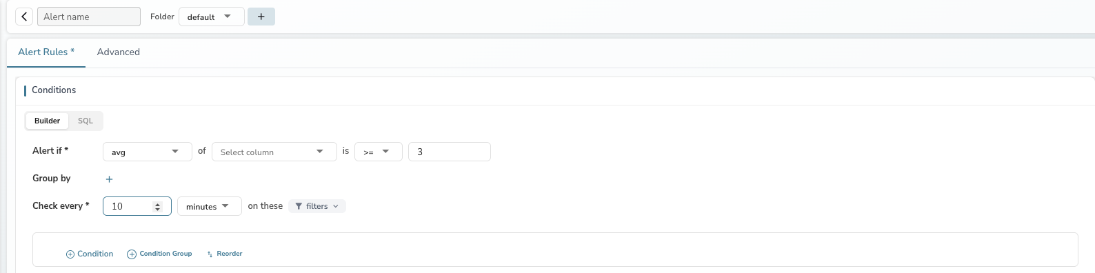 Measure mode showing "Alert if avg of [column] is >= [value]" with Group by option