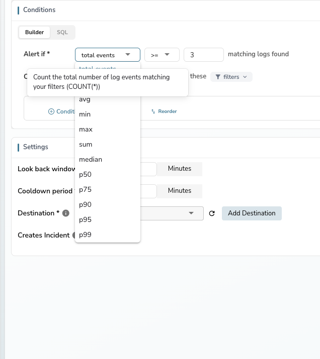 Function dropdown showing all available options with tooltip