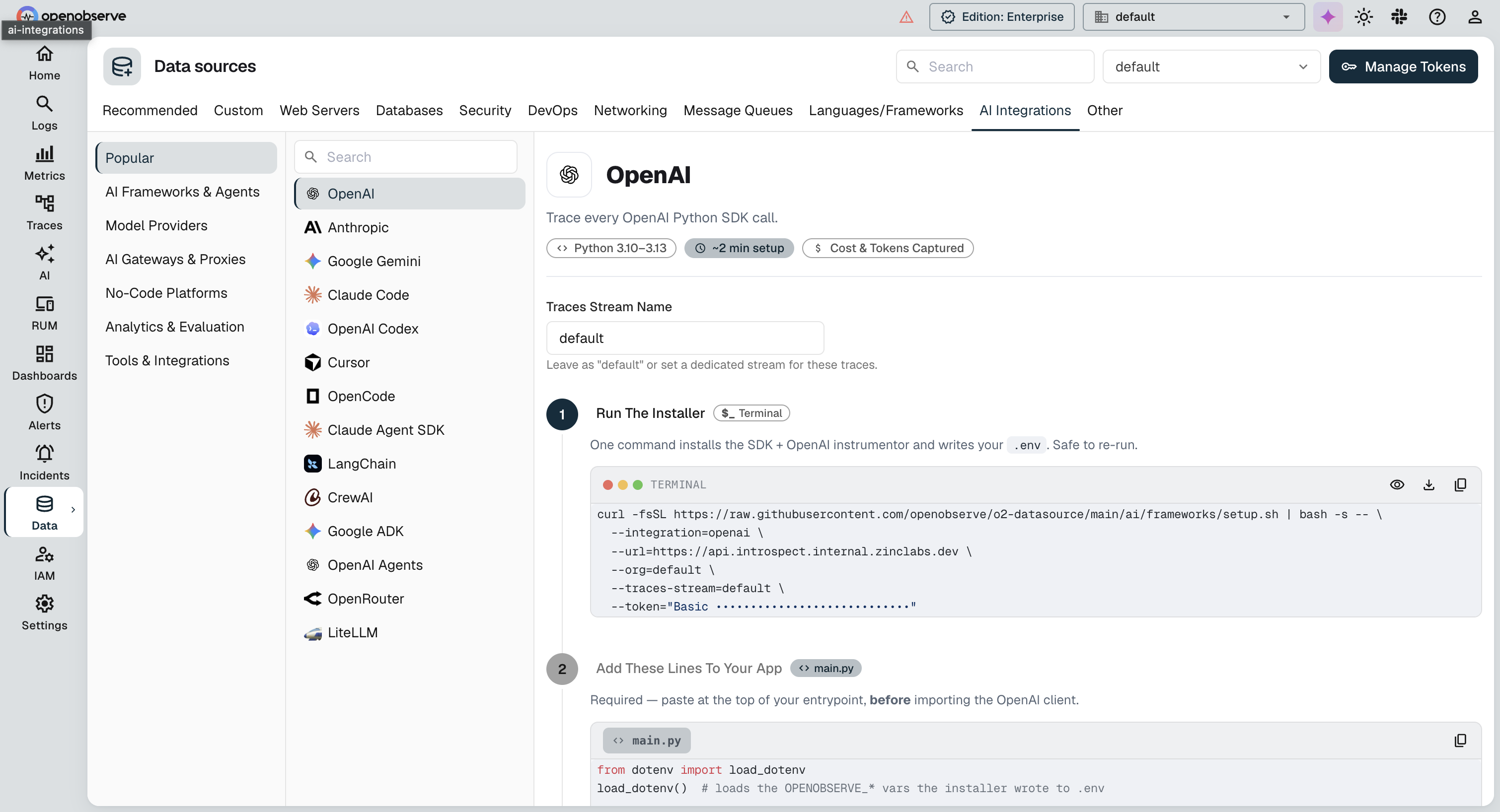 Where to find your OpenObserve organization ID and auth token