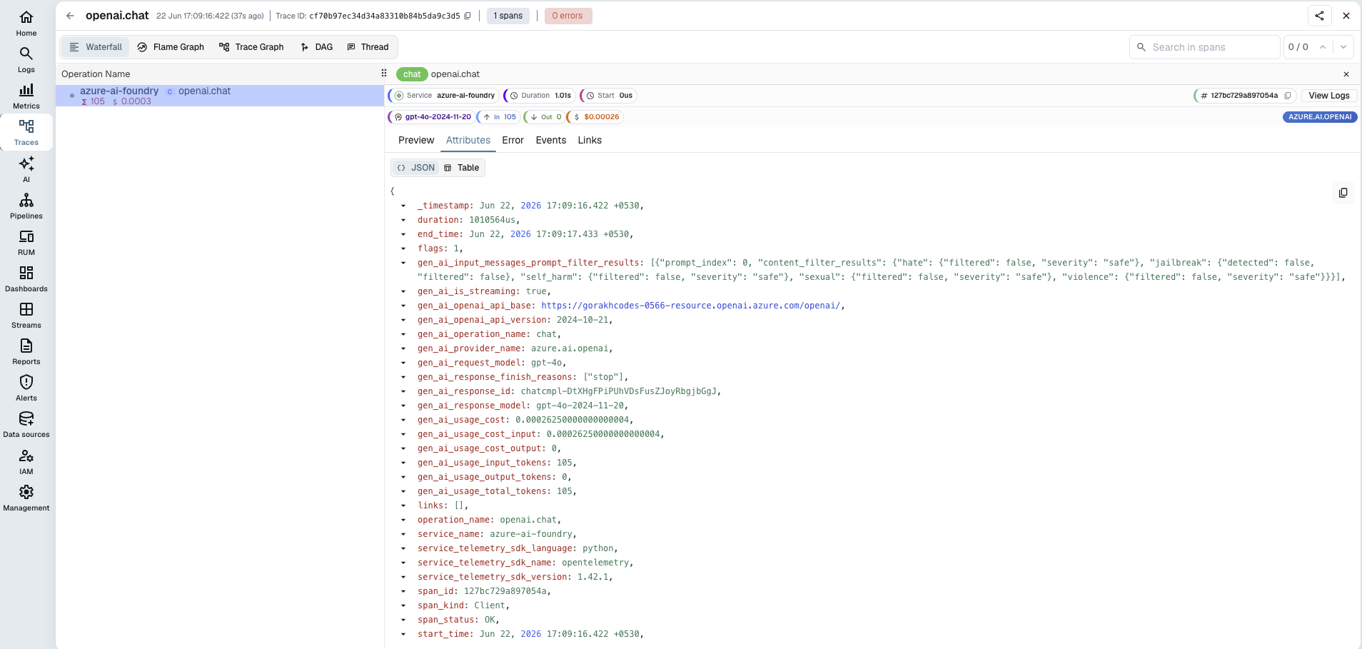 Azure AI Foundry trace in OpenObserve