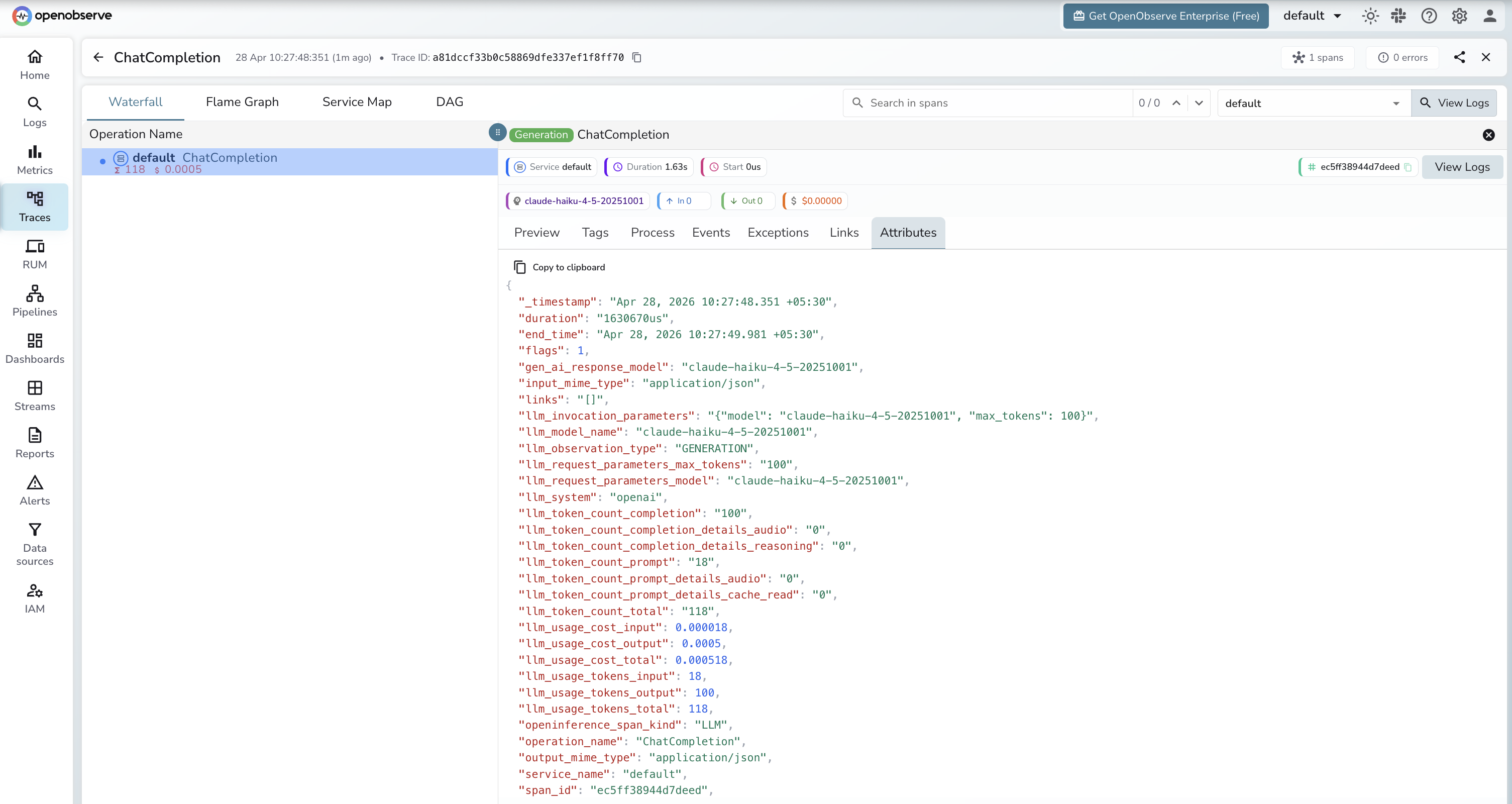 CometAPI trace in OpenObserve