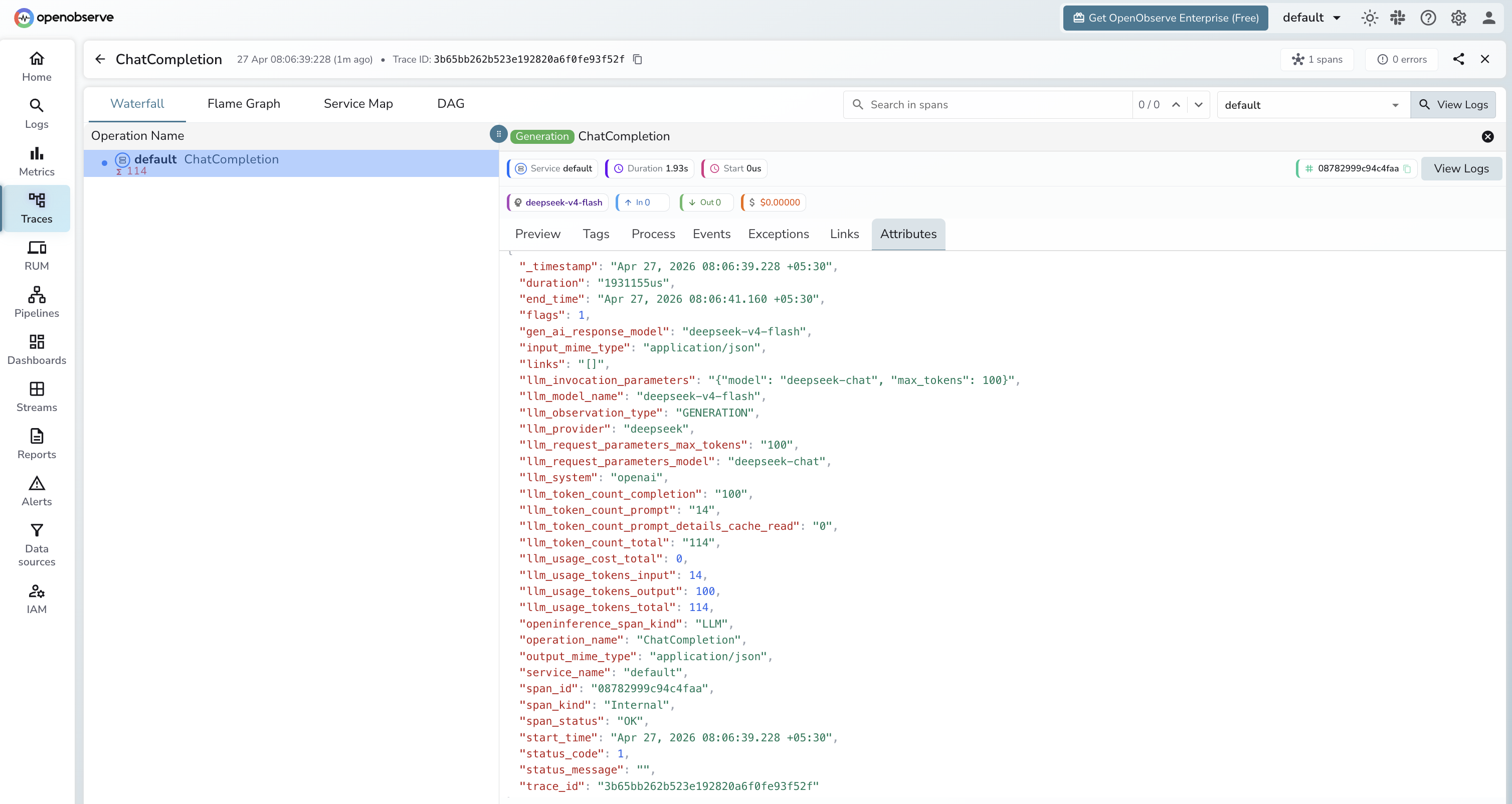 DeepSeek trace in OpenObserve