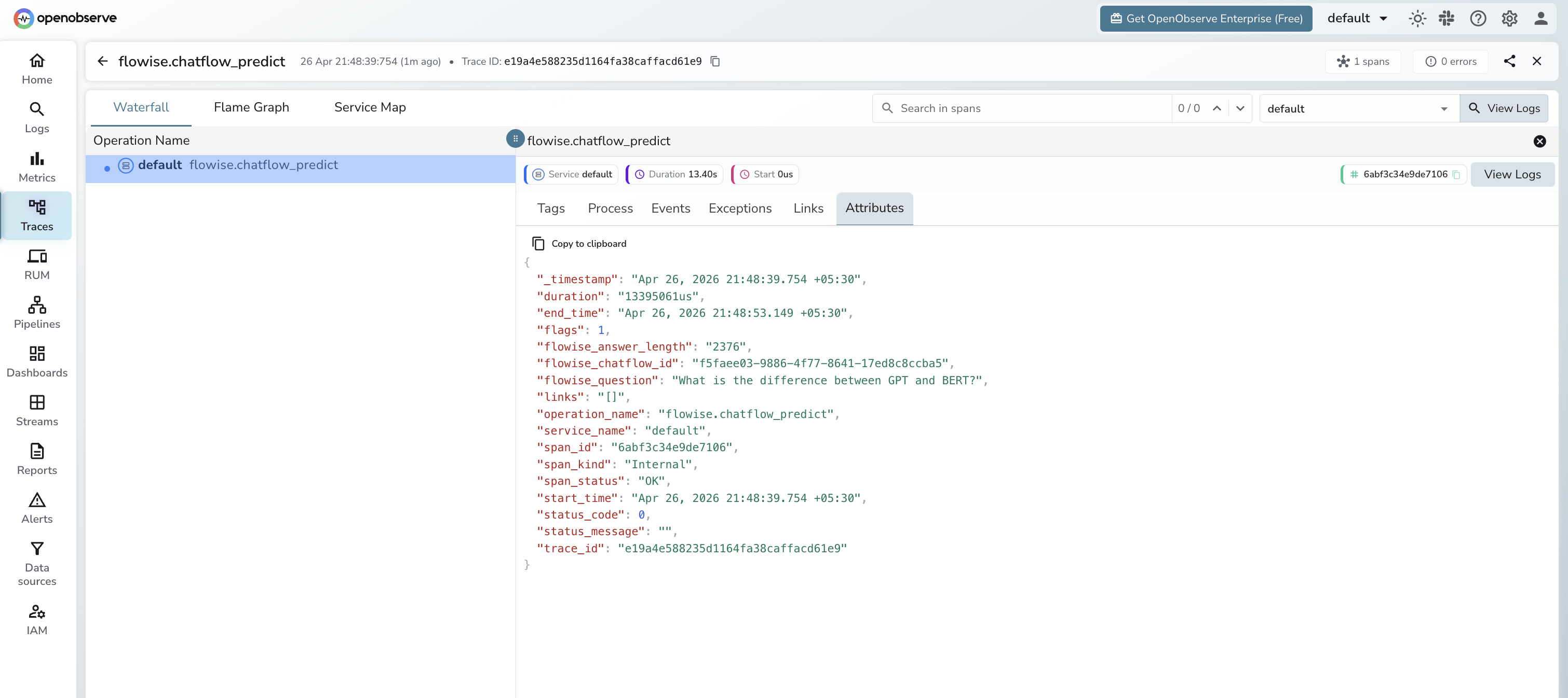 Flowise trace in OpenObserve