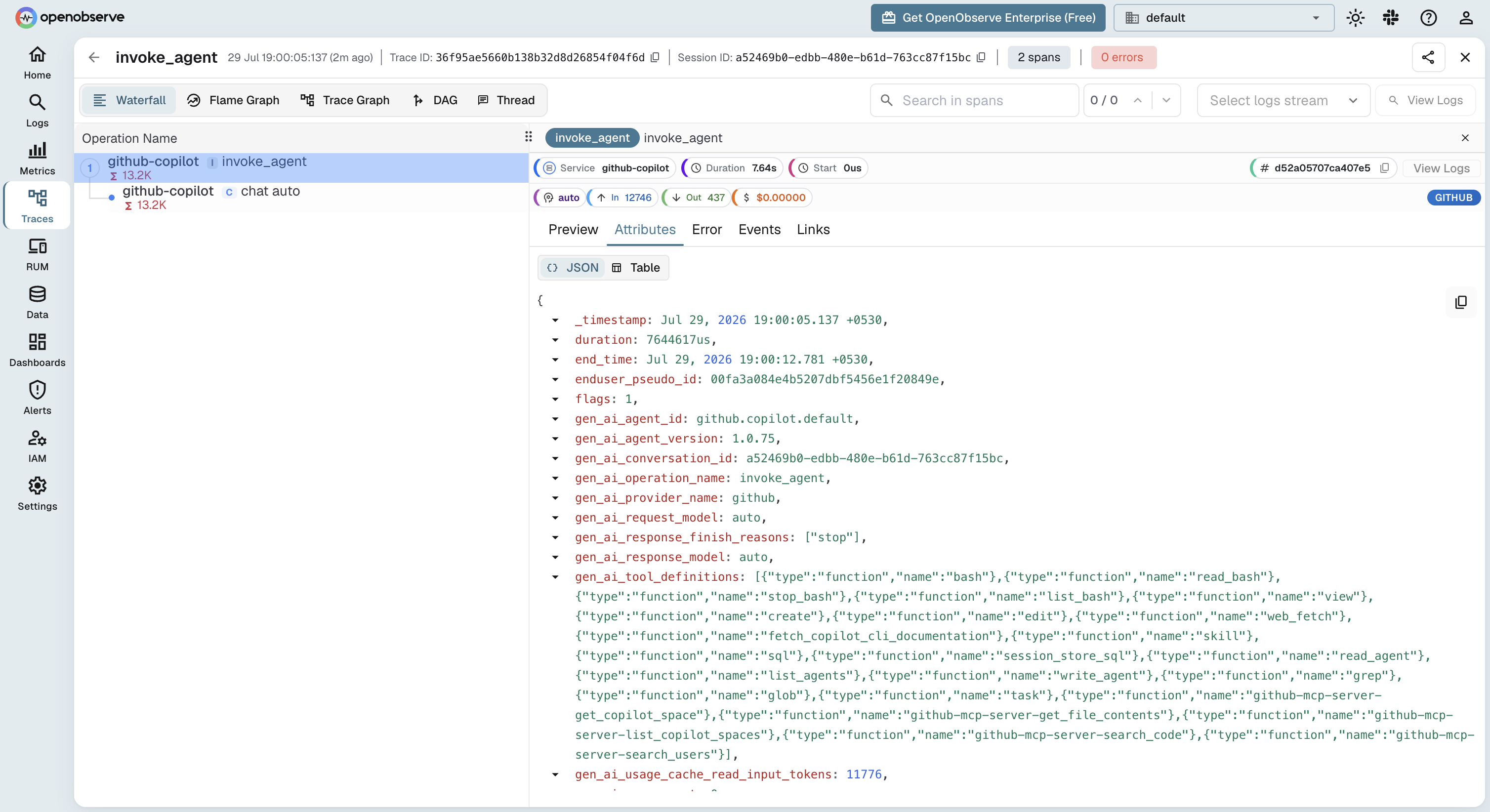 GitHub Copilot trace in OpenObserve