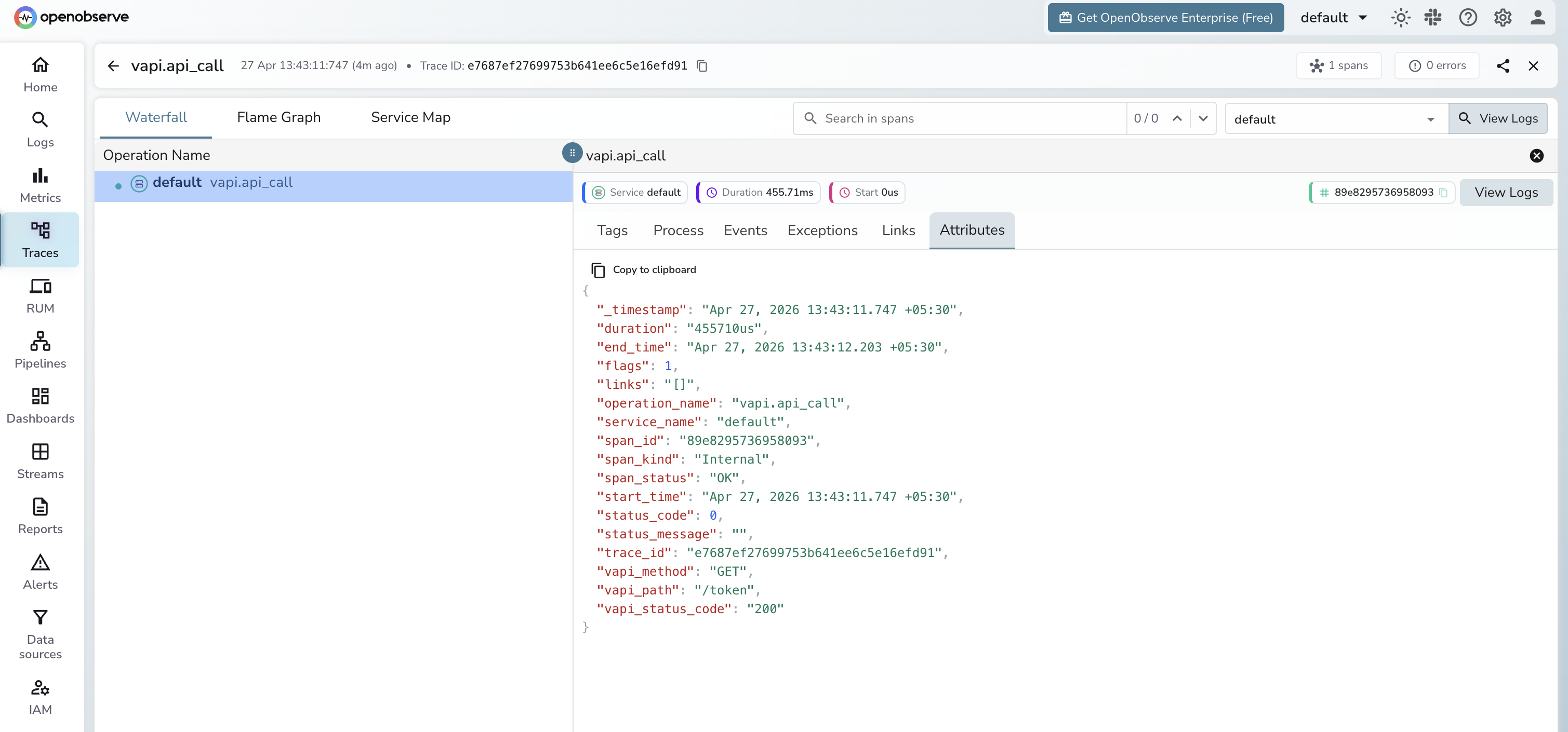 Vapi API trace in OpenObserve