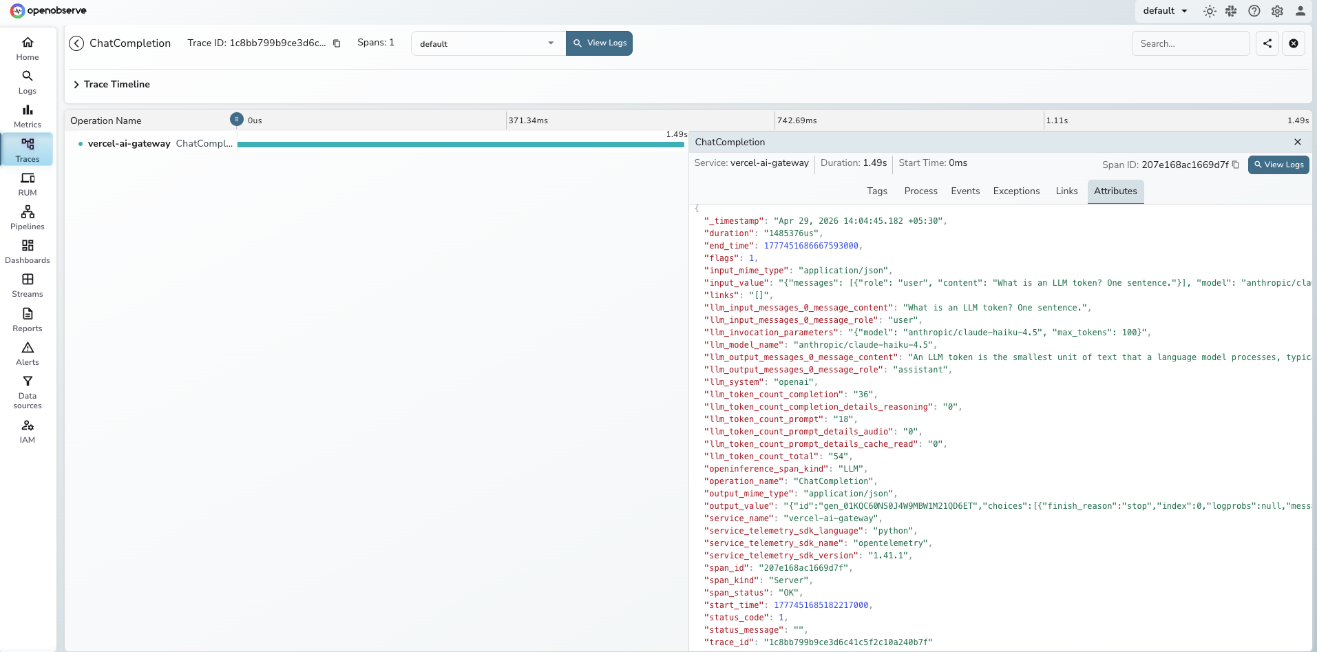 Vercel AI Gateway traces in OpenObserve