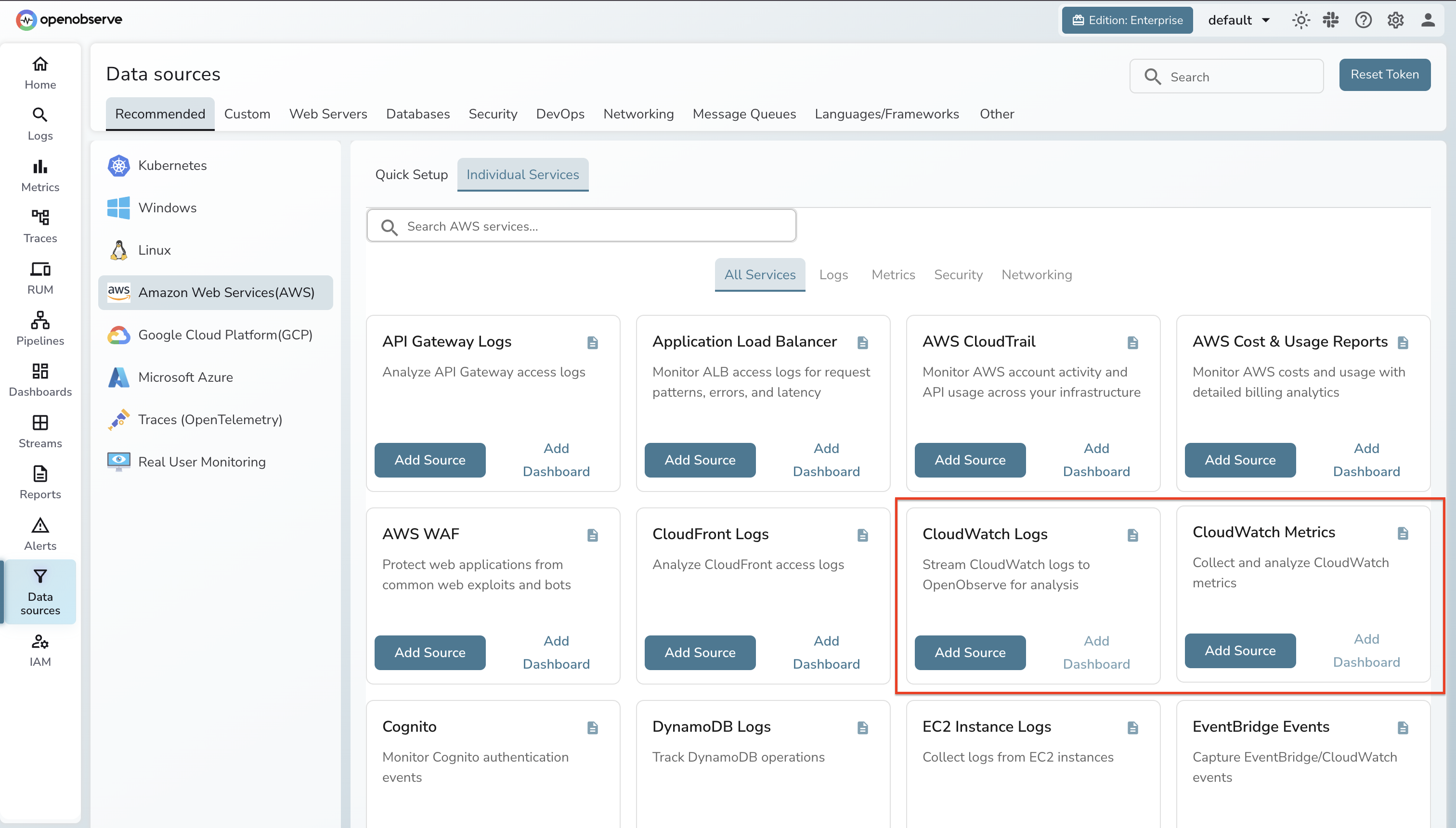 OpenObserve Data Sources - AWS CloudWatch