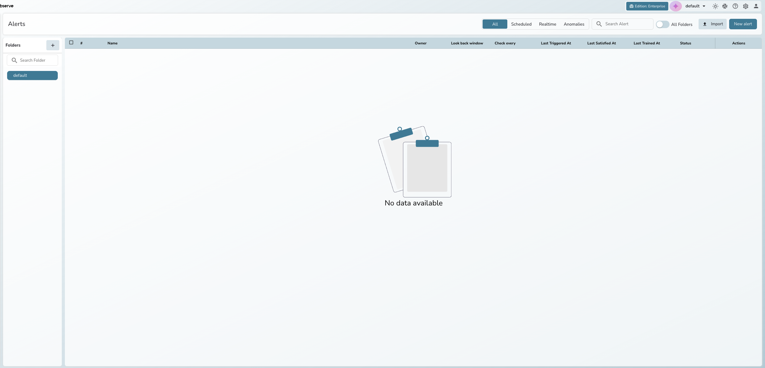 Alerts list page with folders, type filter tabs, and alert management table