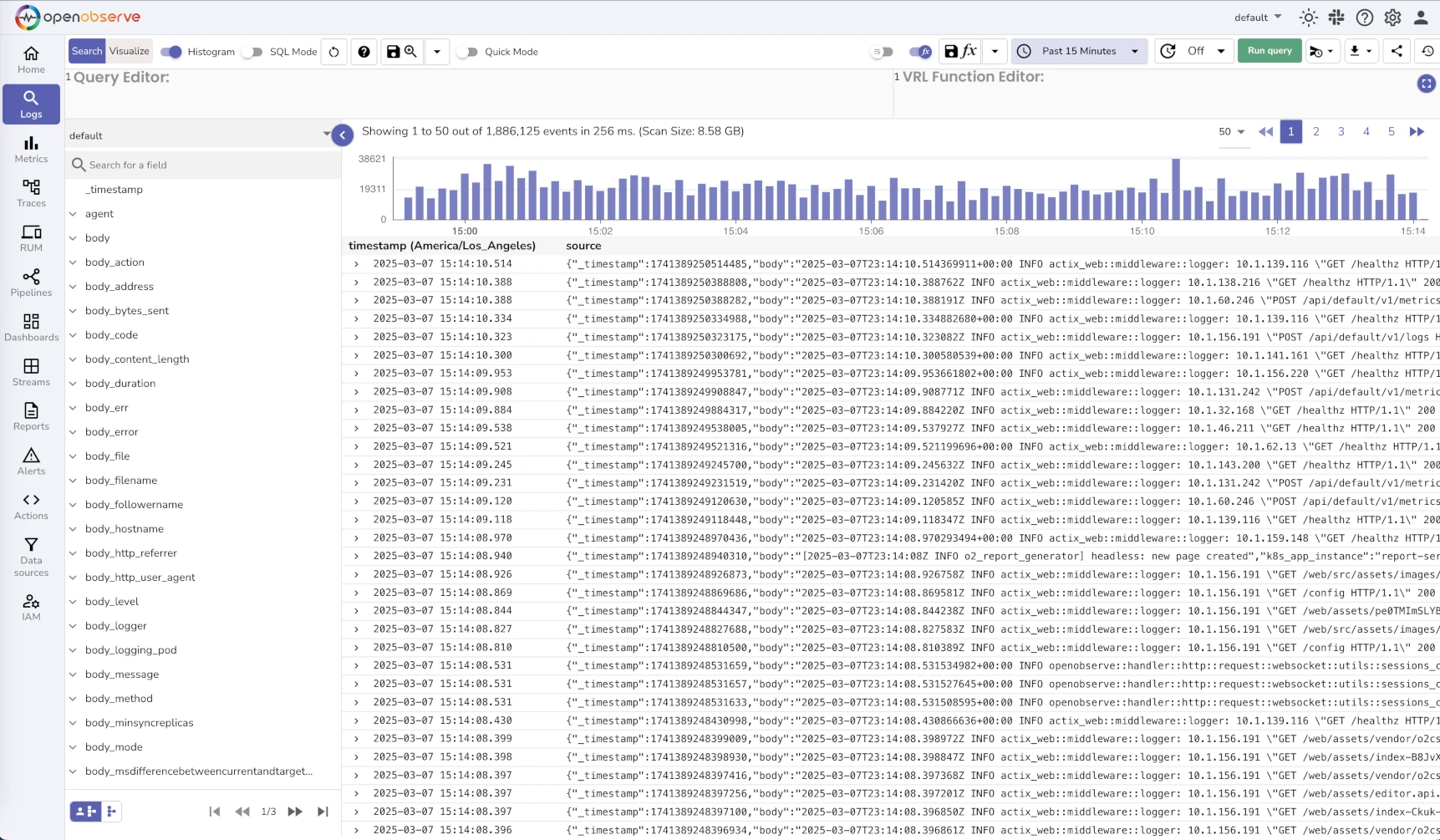 Log Search screen