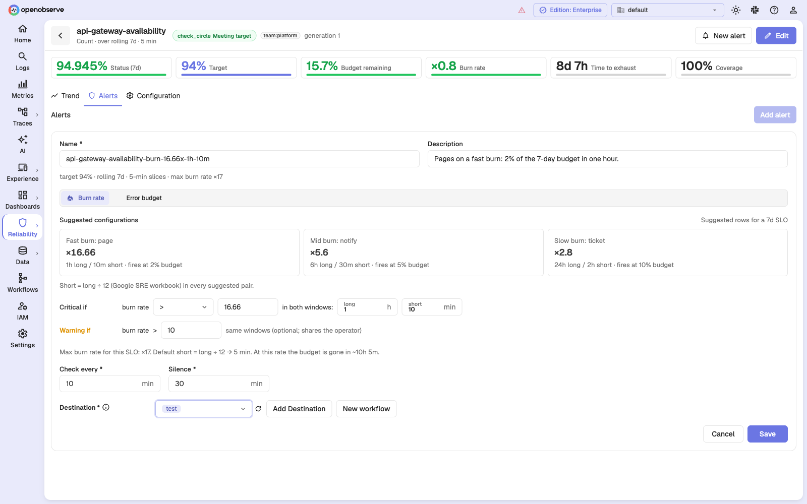 SLO alert form in burn rate mode, showing the fast, mid, and slow suggested configurations