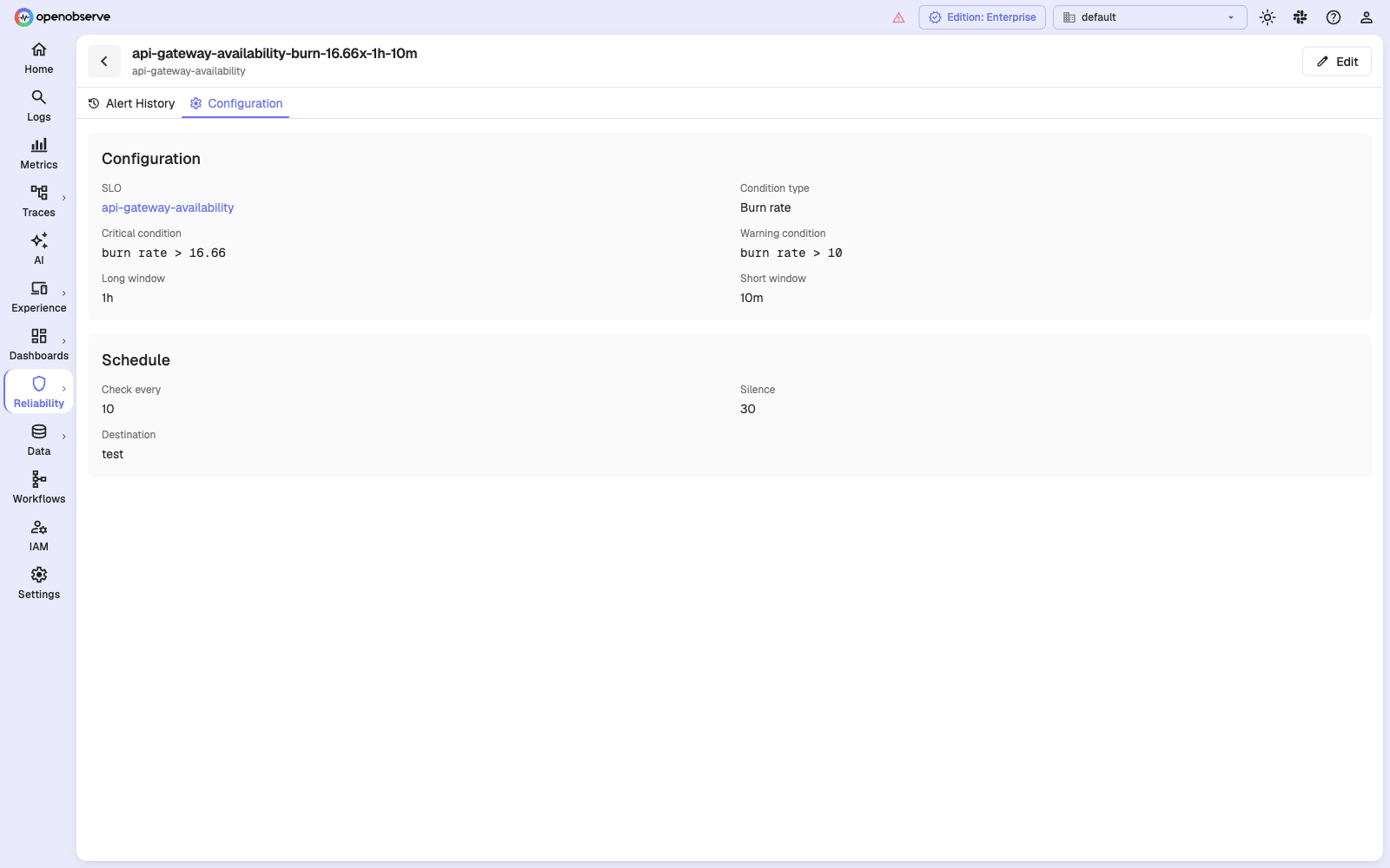 SLO alert detail page showing the linked SLO, burn-rate condition, windows, and schedule