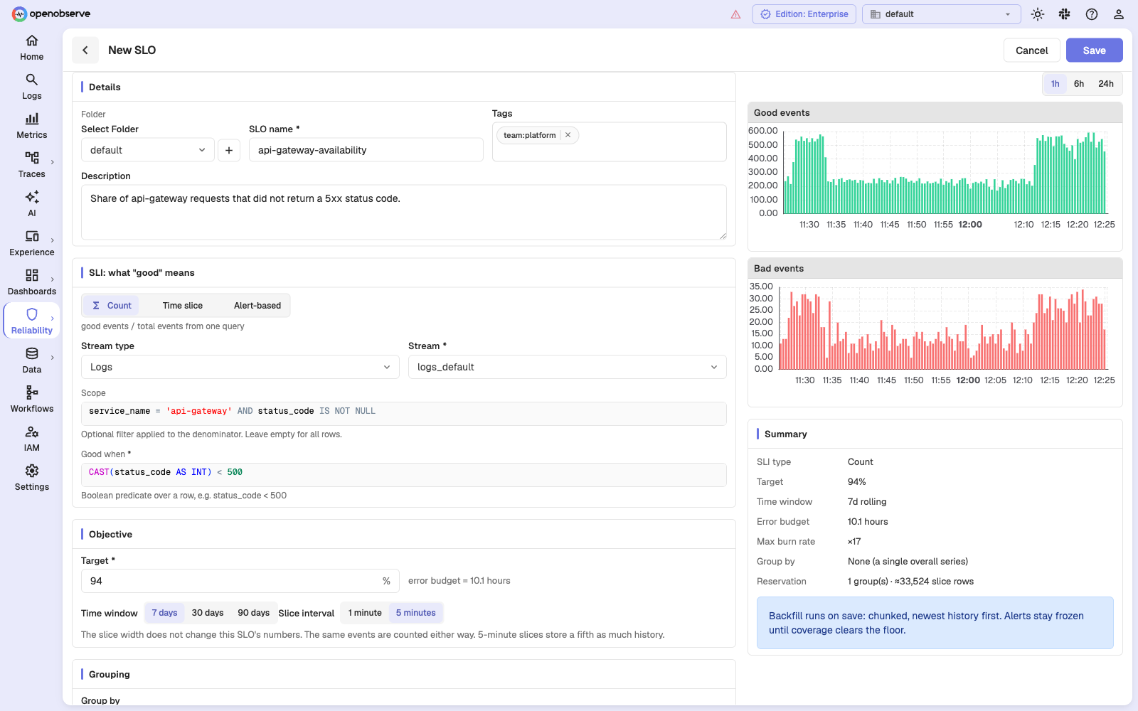 New SLO form with the SLI type selector, count configuration, objective, and live preview