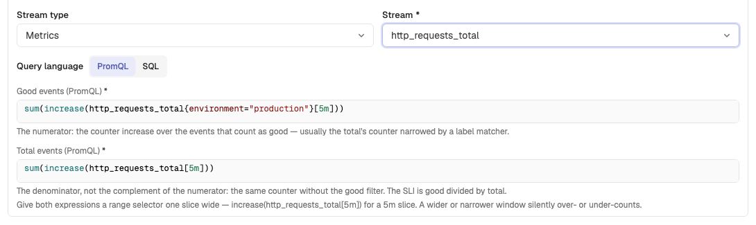 New count SLO over a metrics stream using separate good and total PromQL expressions