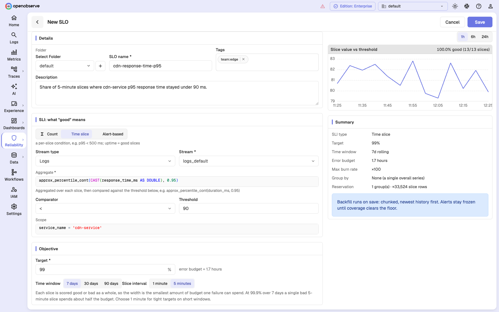 New SLO form configured as a time-slice SLI, with aggregate, comparator, threshold, and the slice-value preview