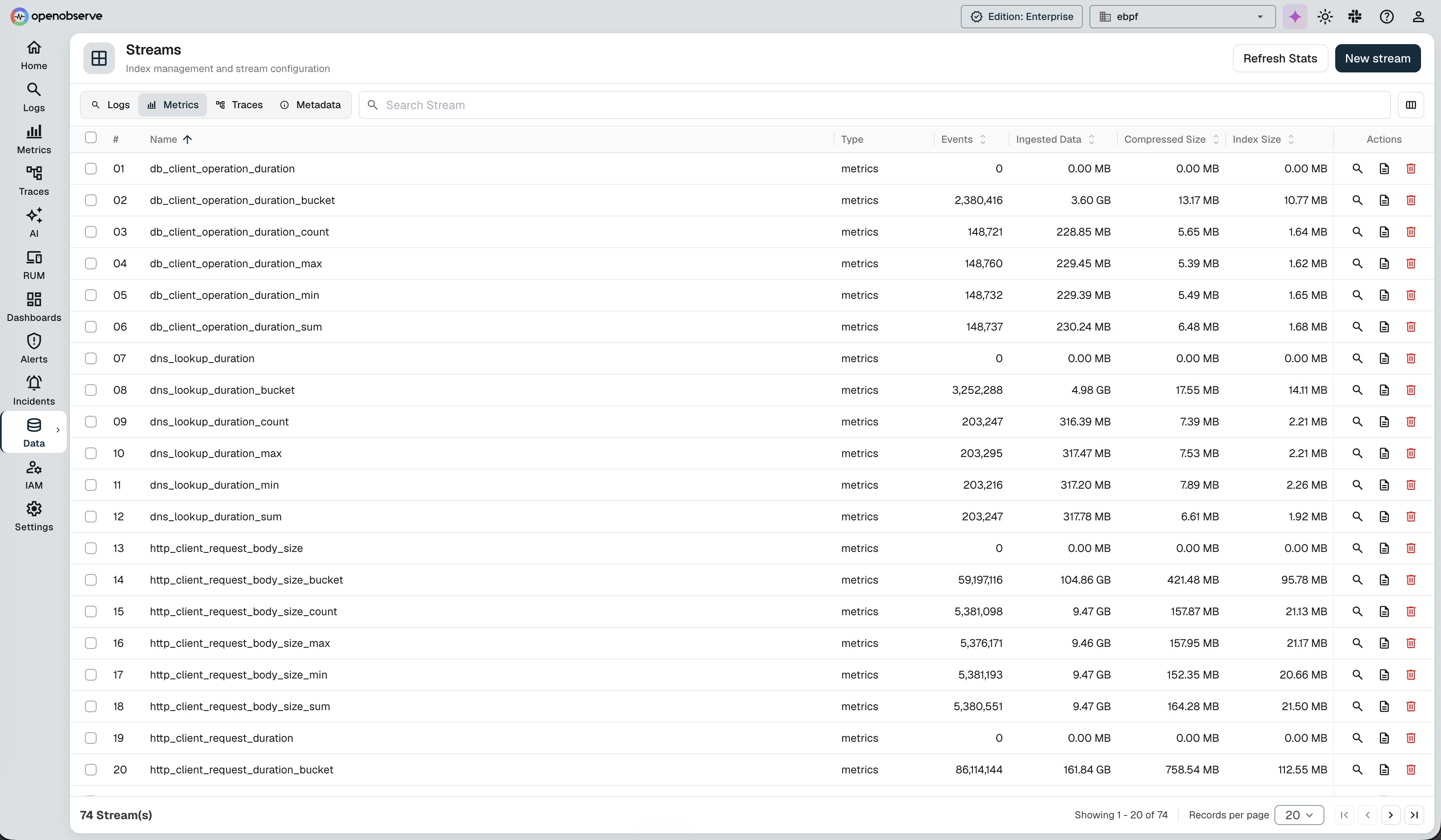 OBI eBPF metrics streams in OpenObserve