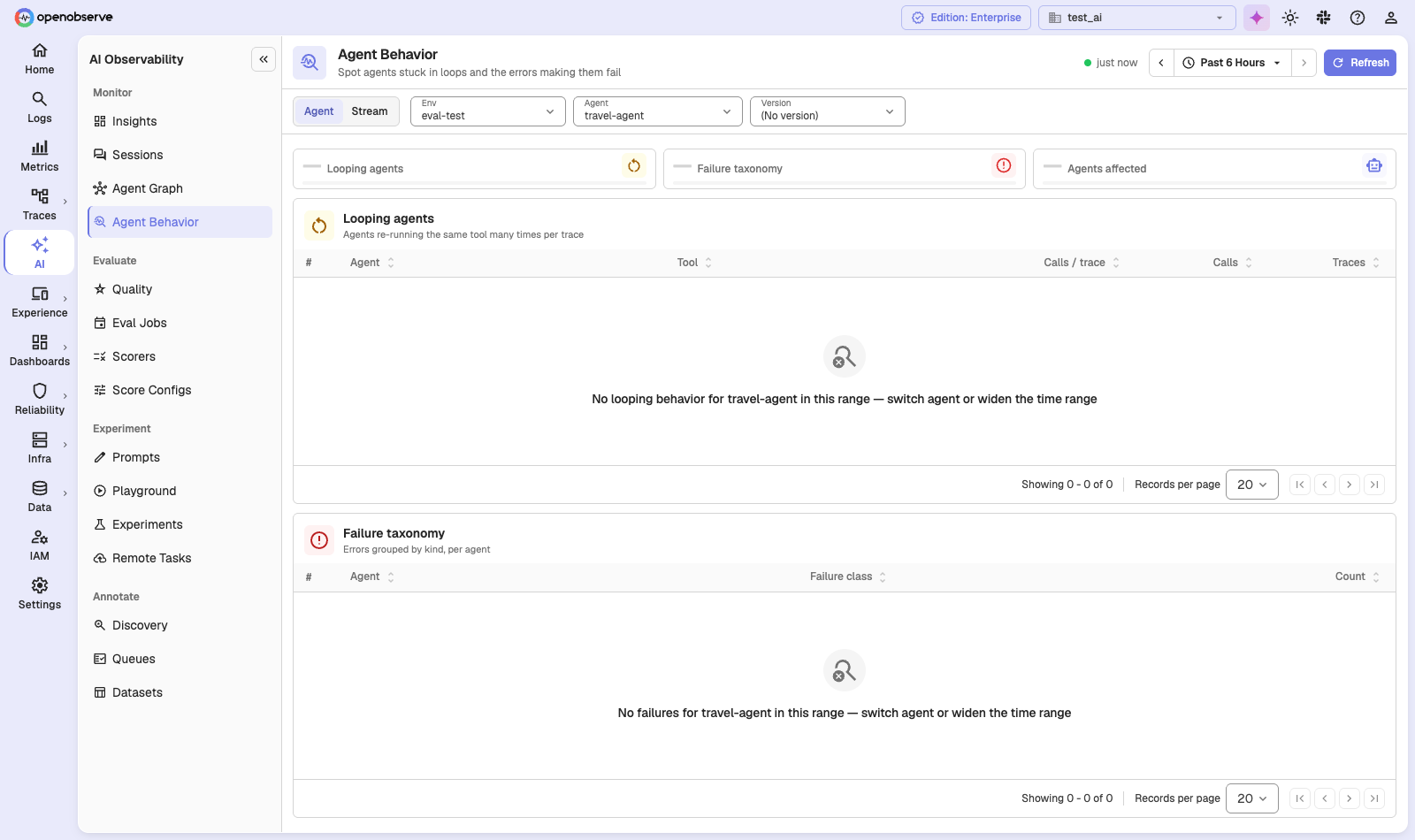 the Agent Behavior page with Looping agents and Failure taxonomy tables