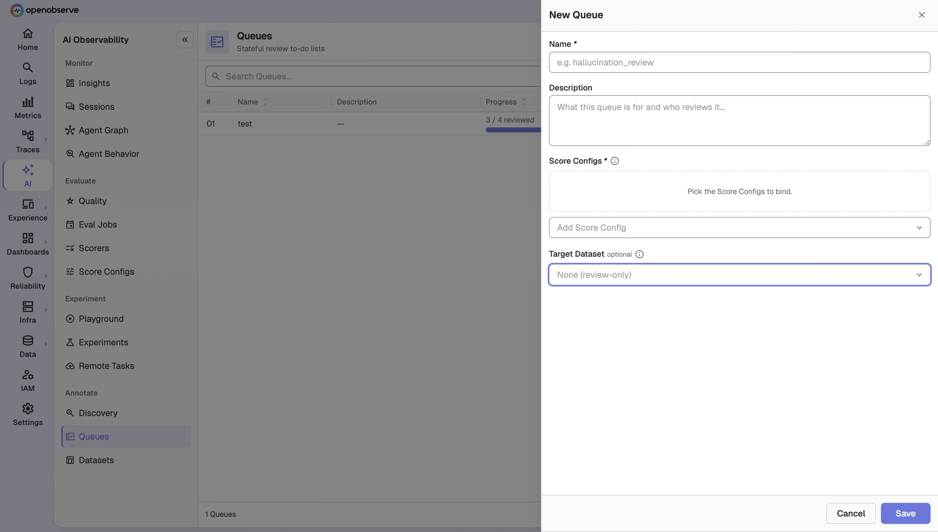 New Queue dialog showing pinned score configs and target dataset