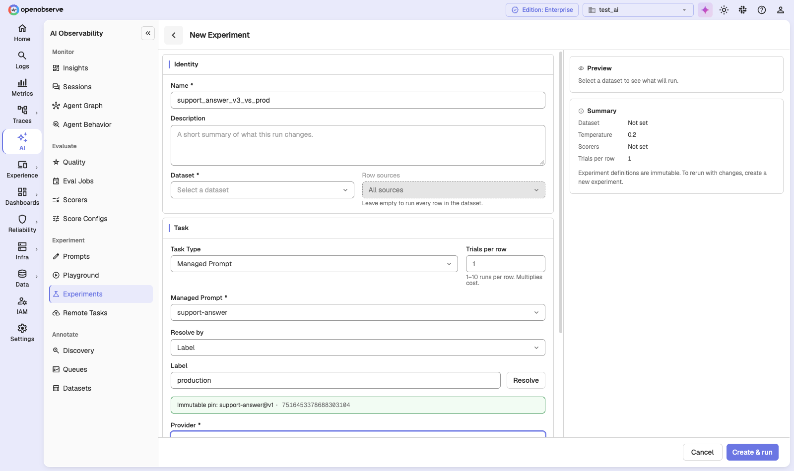 the New Experiment form with a managed prompt resolved by label to an immutable pin
