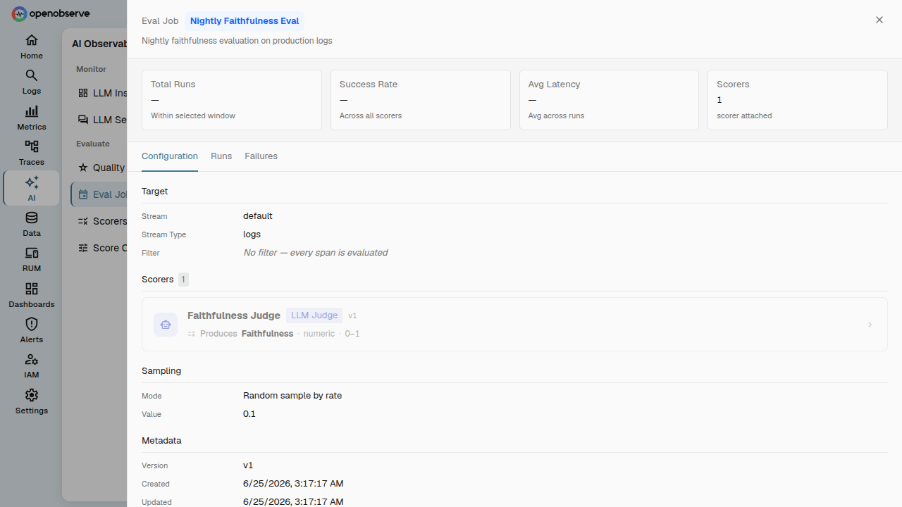 the Eval Job detail page showing status and actions