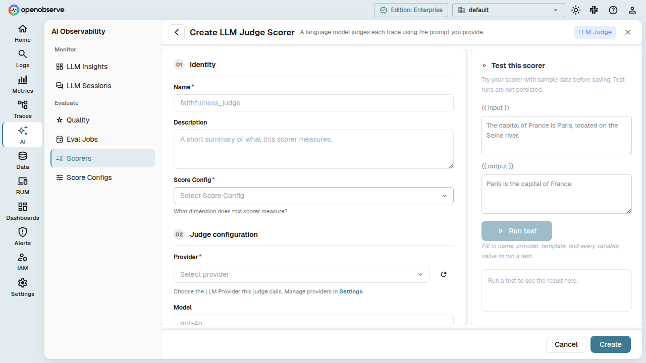 the Add Scorer form for LLM Judge