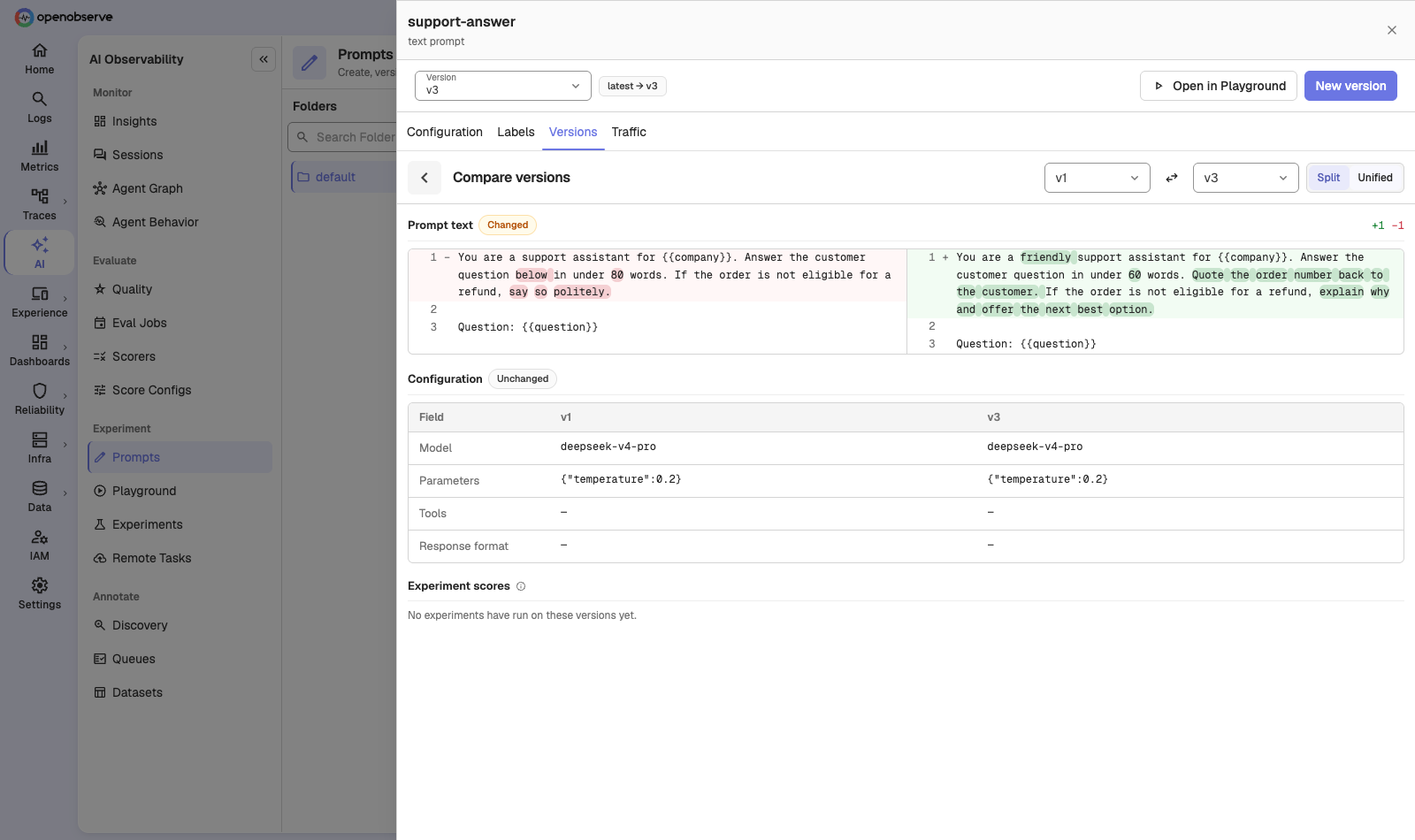 comparing v1 and v3 of a prompt in split view