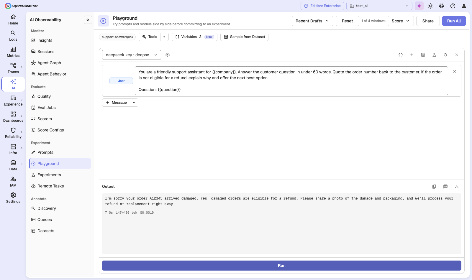 the Playground with a managed prompt loaded and a completed run