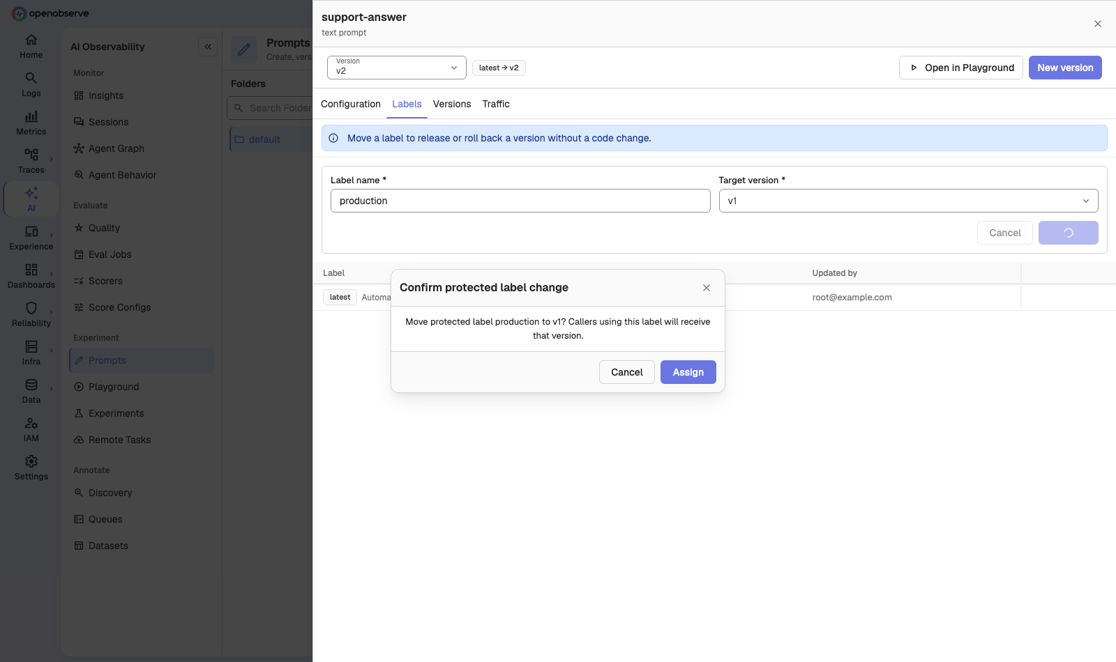 the Confirm protected label change dialog for the production label