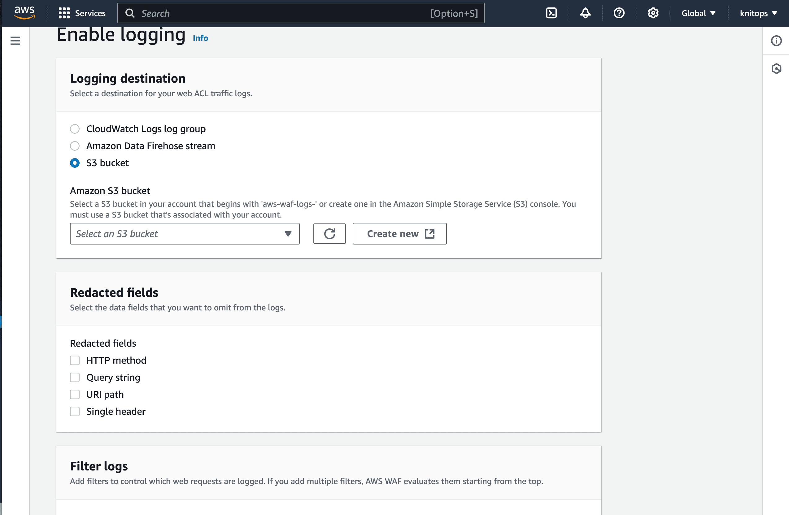 Enable WAF Logging to S3
