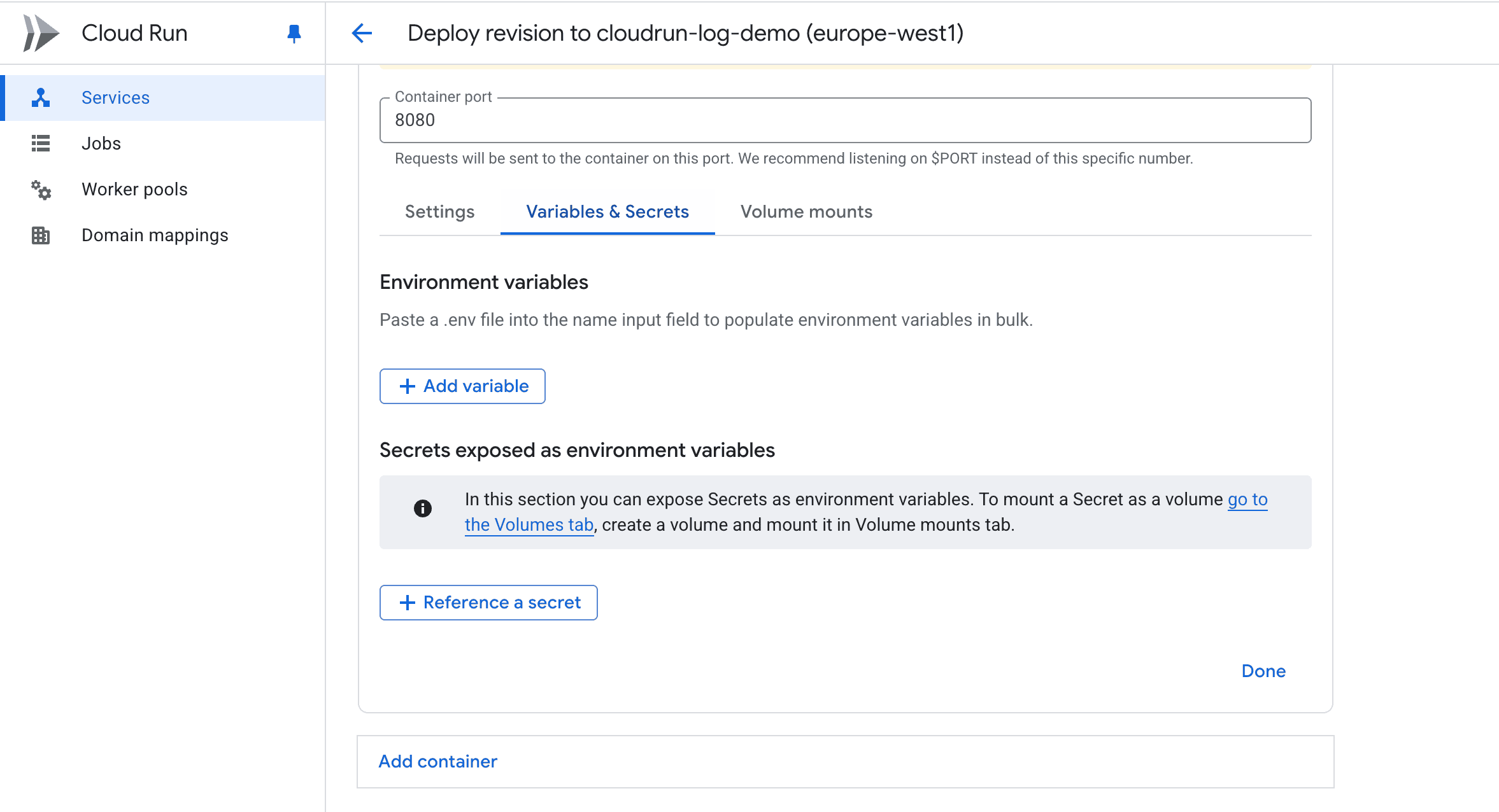 Add environment variables in Cloud Run