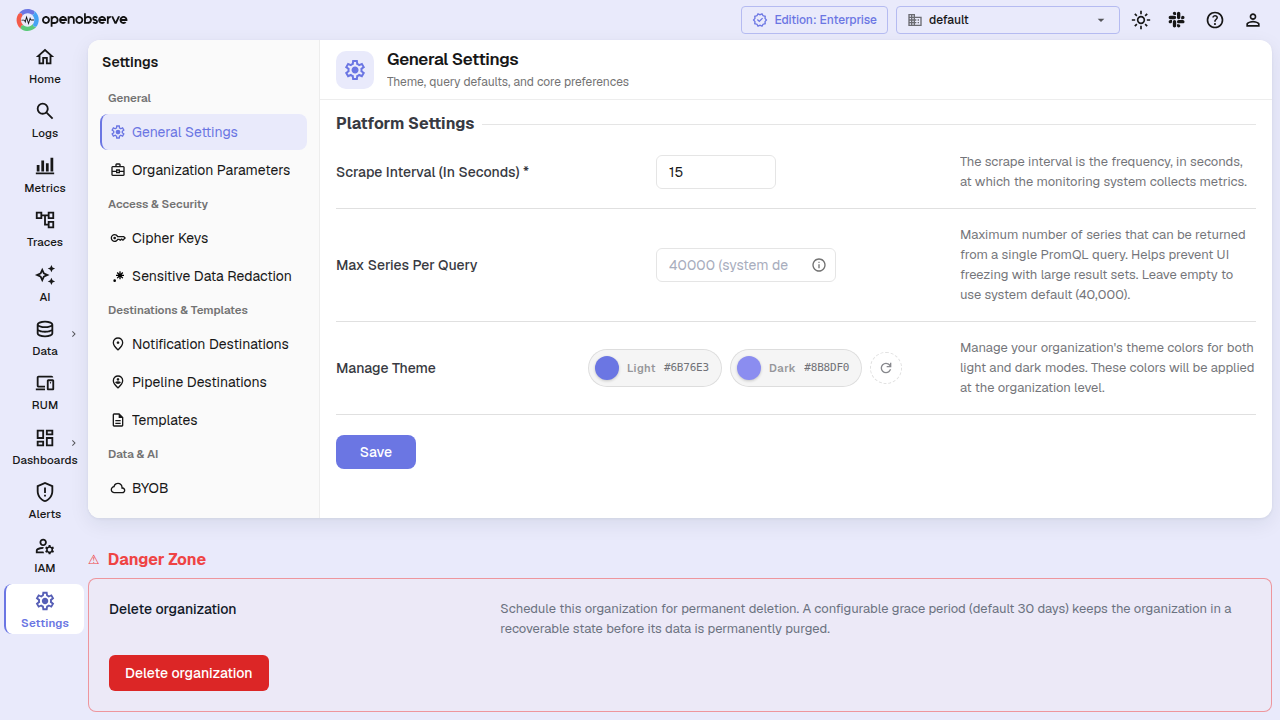 General Settings Danger Zone section with delete button