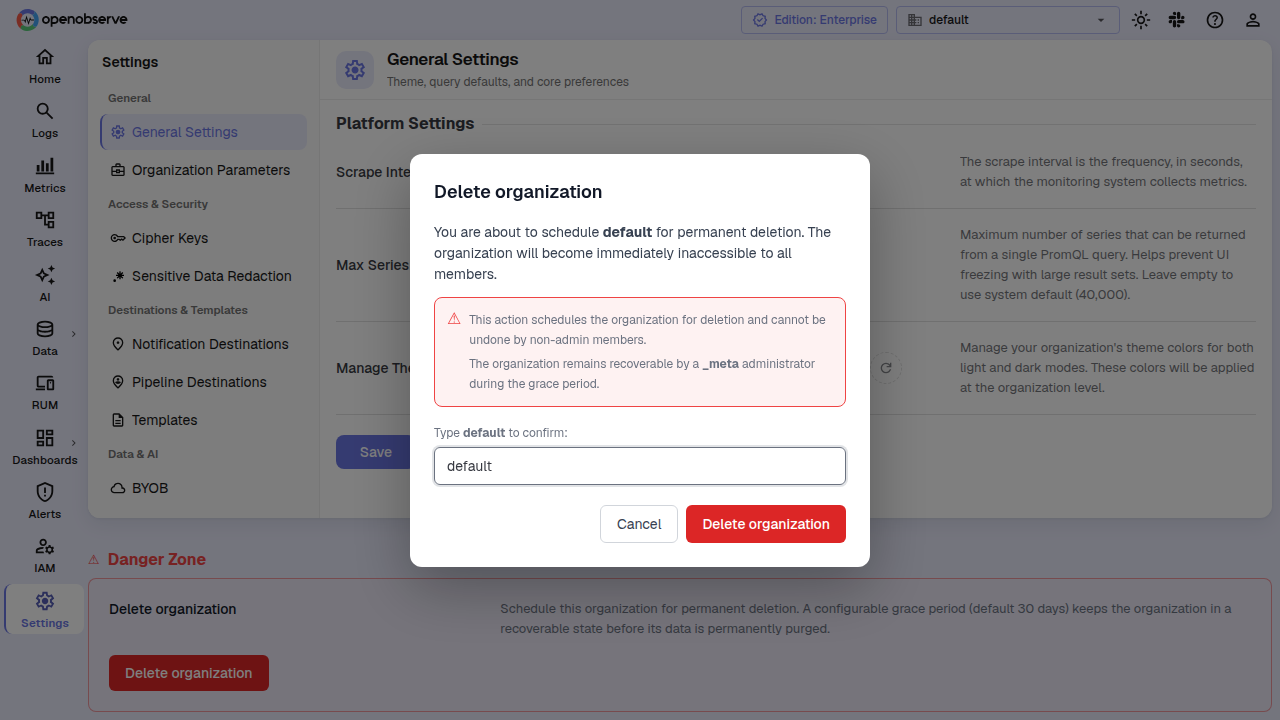 delete organization confirmation dialog with type-to-confirm