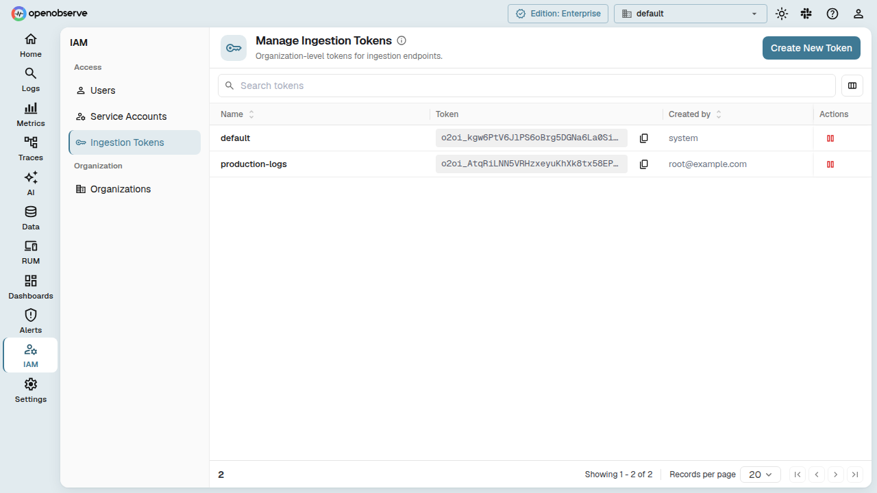 Ingestion Tokens page with token list