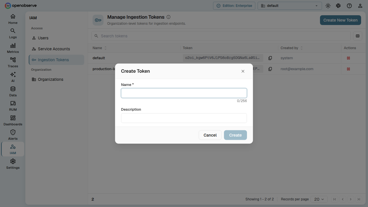 Create Token dialog