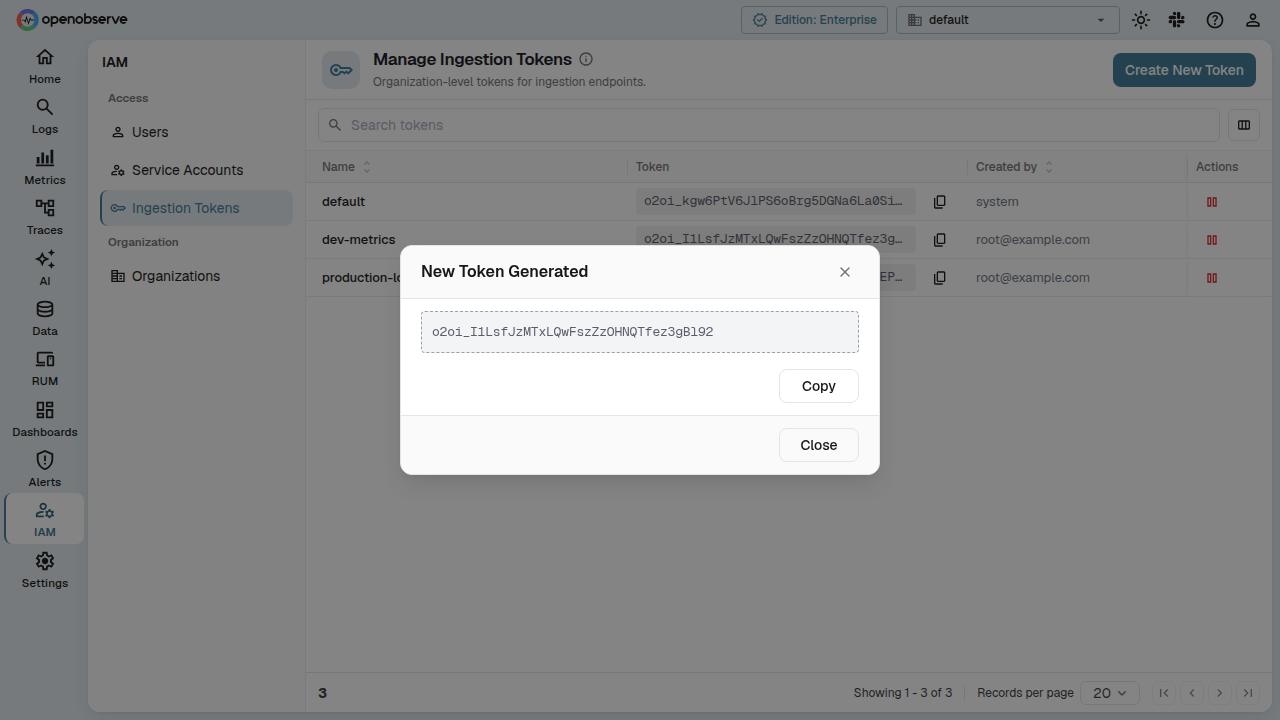 New Token Generated reveal dialog