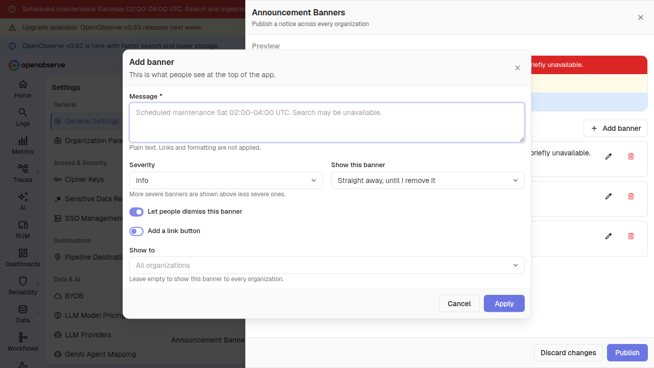 the Add banner dialog with its fields