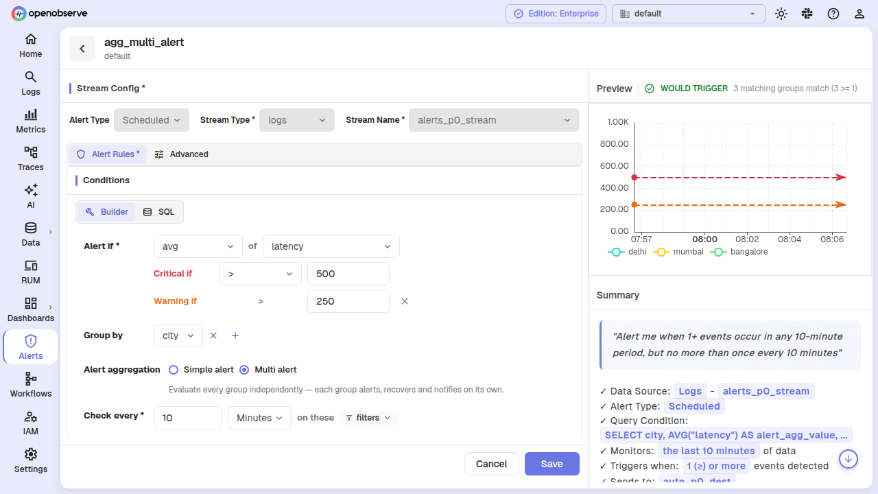 aggregation section with multi-alert toggle enabled