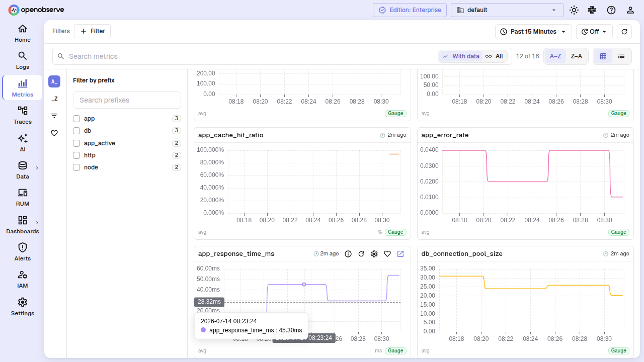 a single metric card showing the sparkline chart, metric name, type badge, and footer with function label