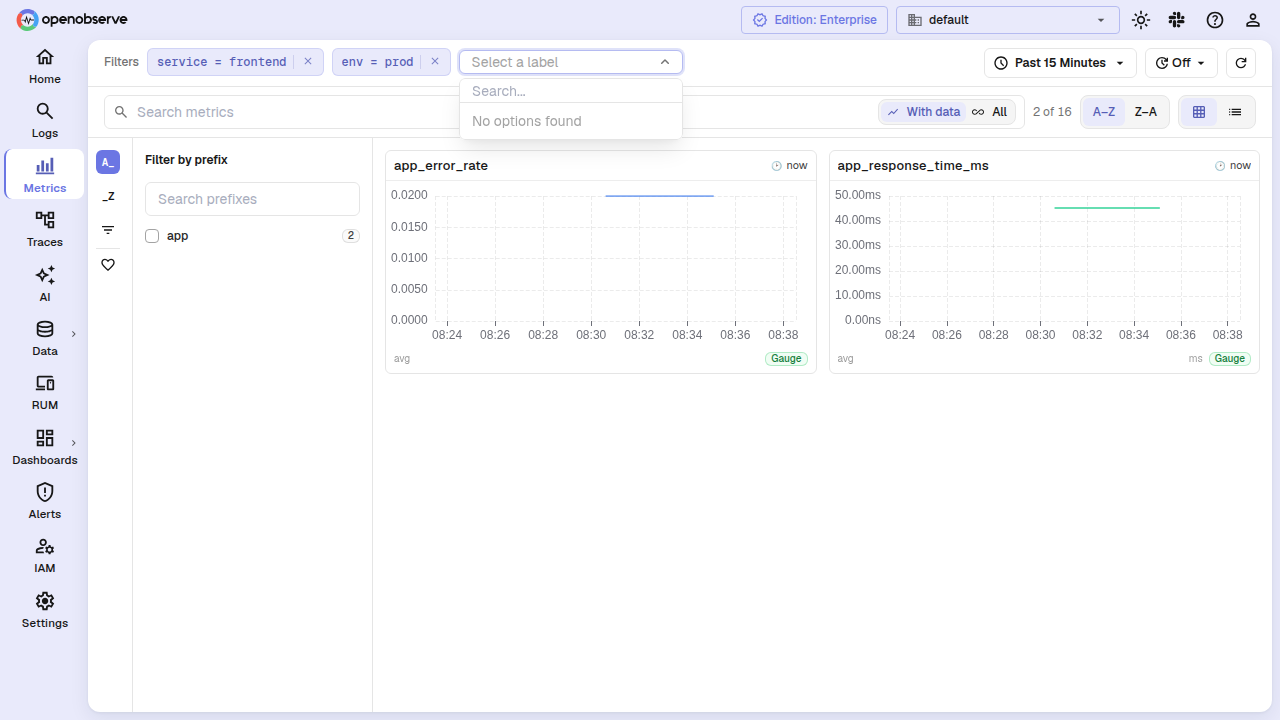 the label filter chip input with label name and value fields, and chips shown in the toolbar