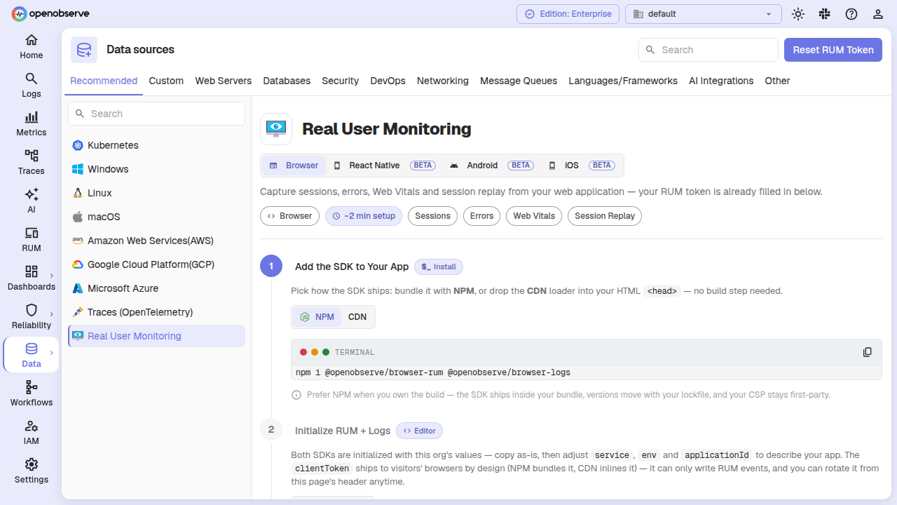 RUM setup platform switcher showing Browser, React Native, Android, and iOS tabs