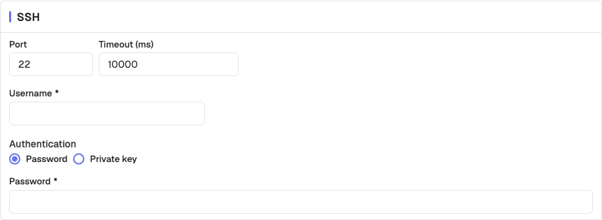 SSH card with port, username, authentication type, and timeout