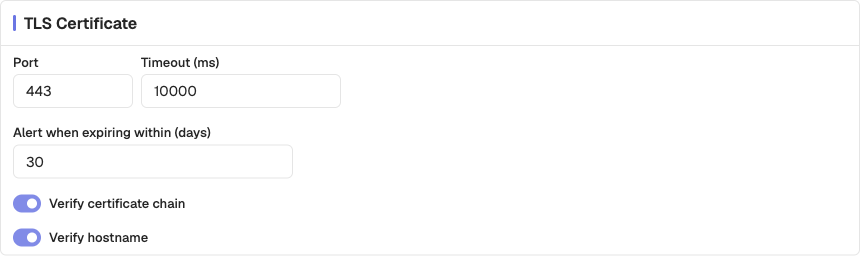 TLS Certificate card with port, timeout, expiry threshold, and verification toggles