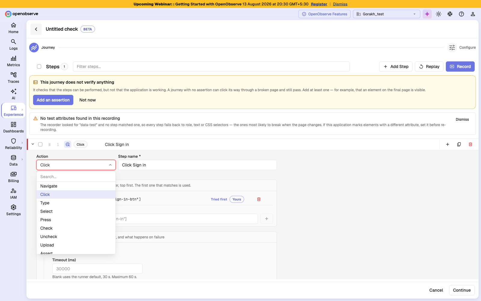 Step editor showing the action dropdown open with all nine available actions