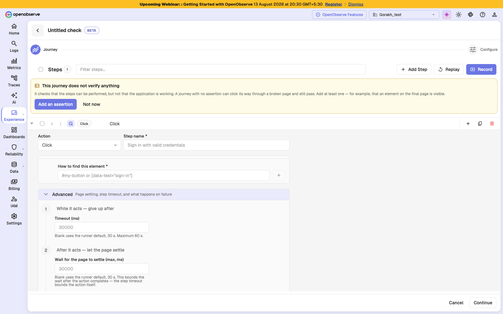 Advanced group expanded showing step timeout and page settle budget fields