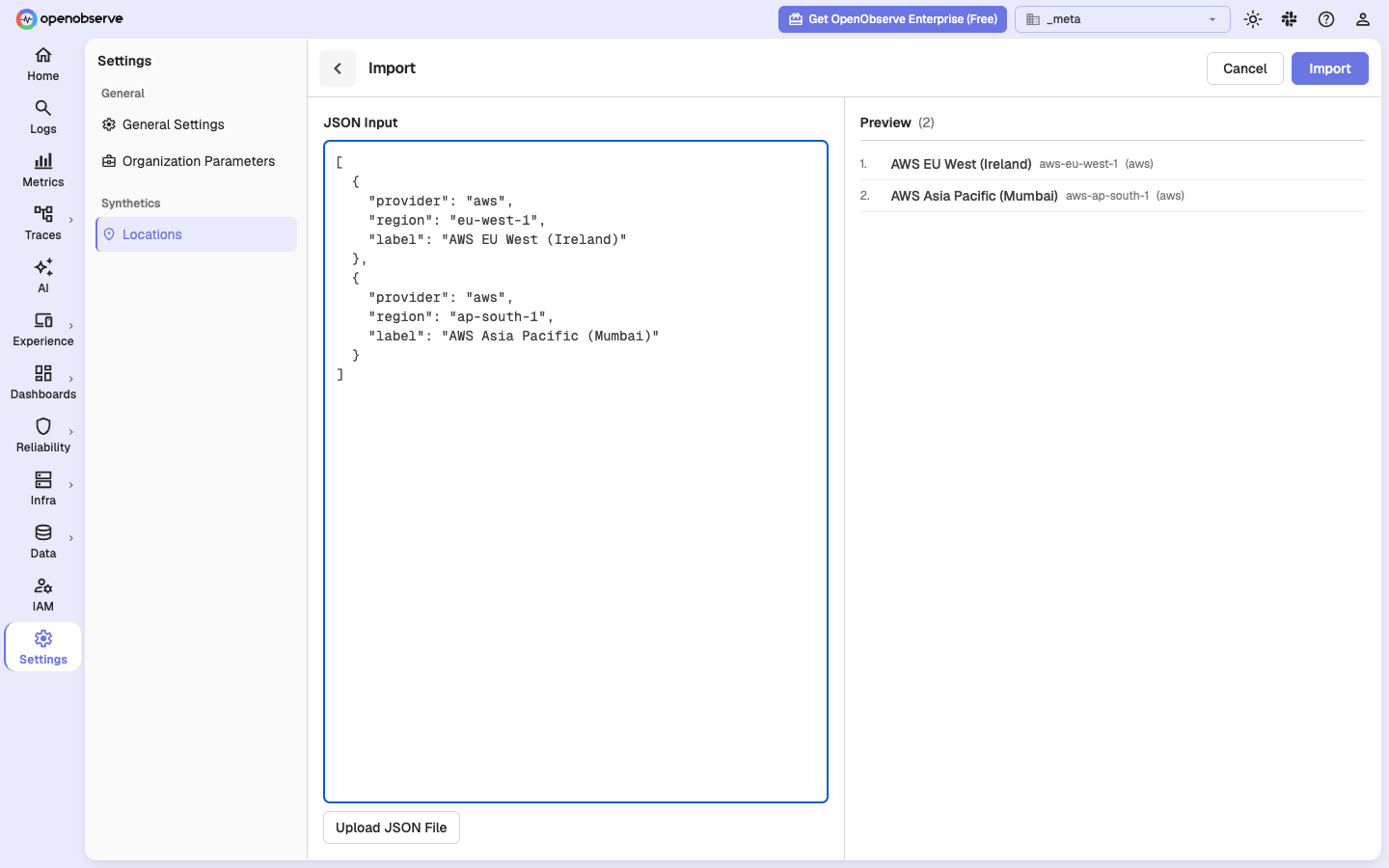Import page with a JSON array of two AWS regions and a preview of their derived location IDs