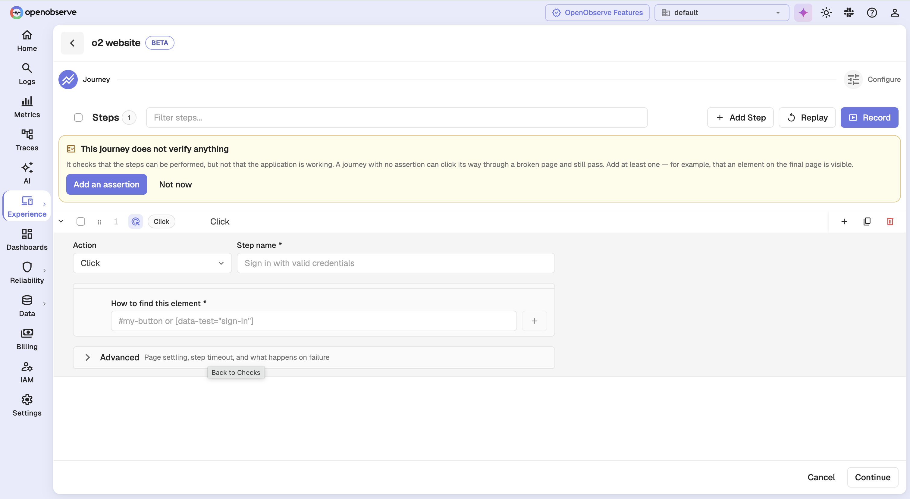 Journey step editor showing action, step name, locator field, and a notice that the journey verifies nothing