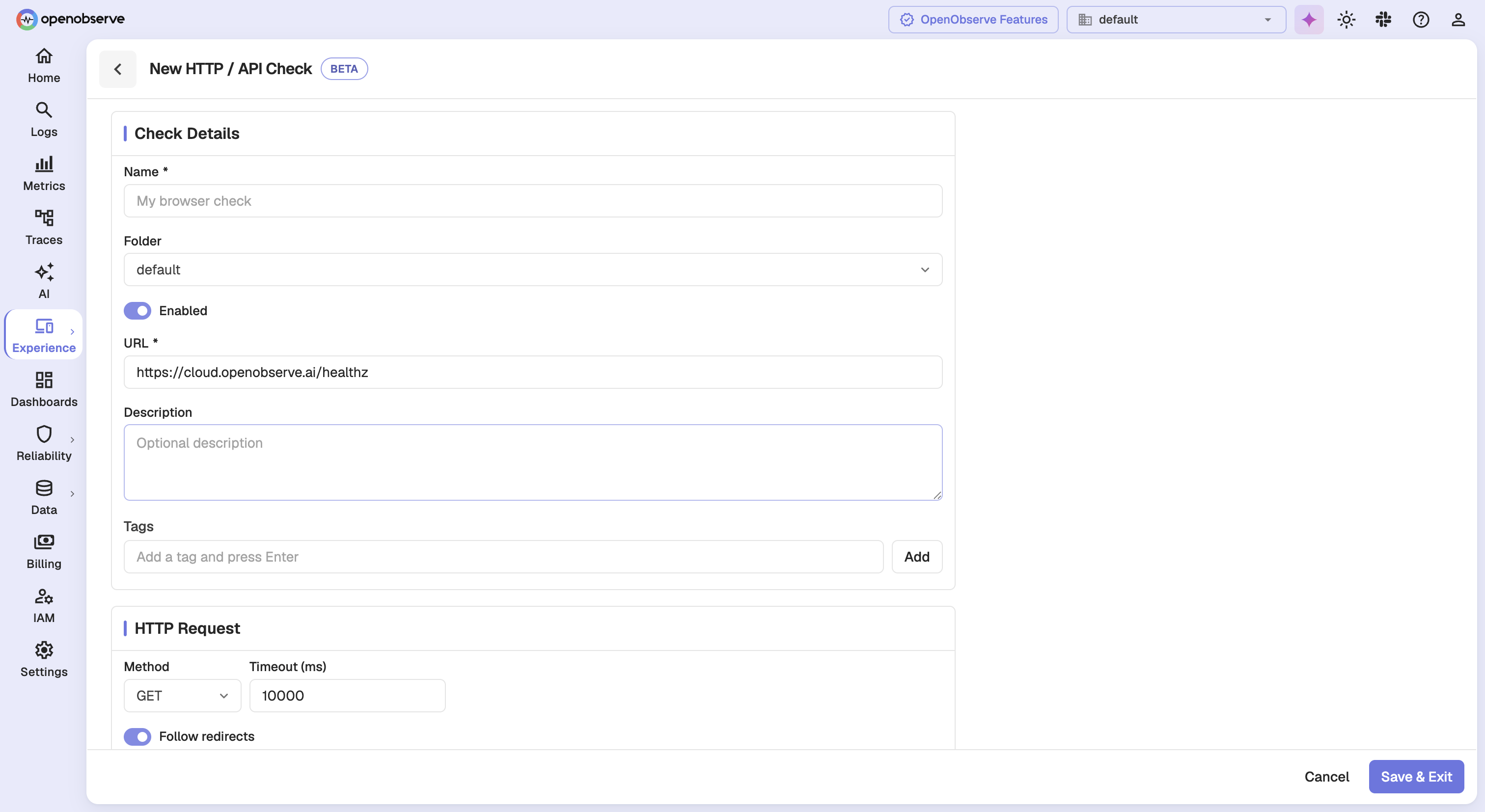 New HTTP / API Check page with Check Details and HTTP Request cards