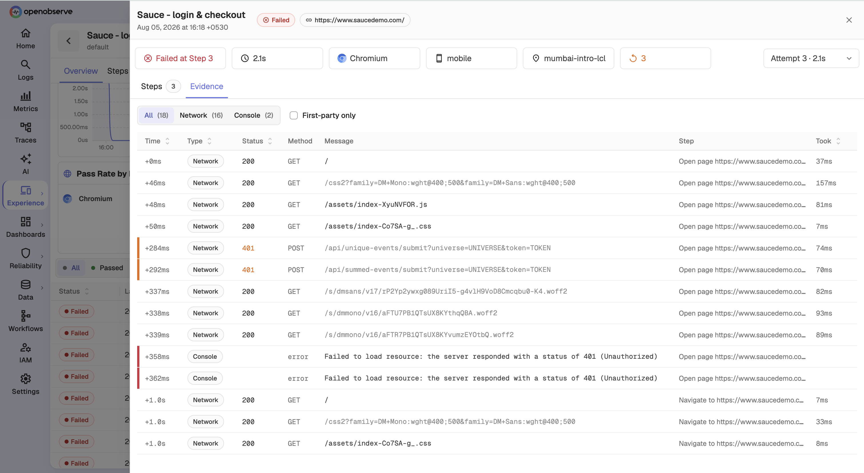 Evidence tab listing captured network and console events with time, type, status, method, and step