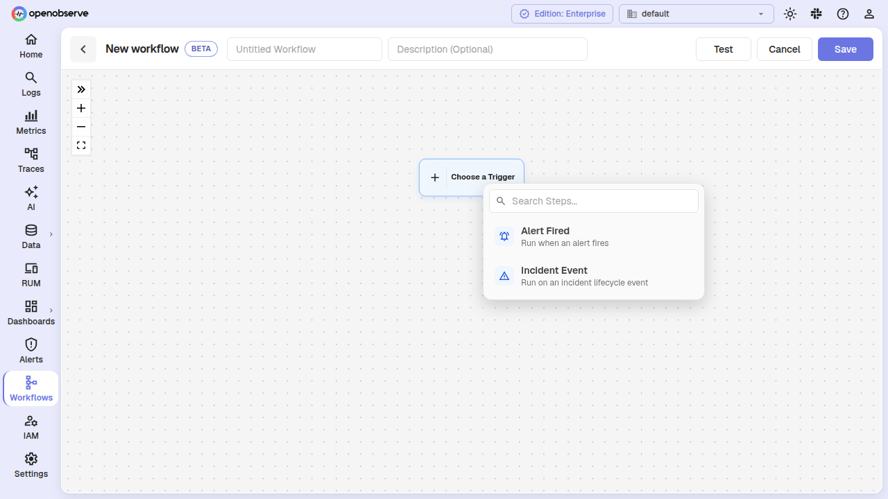 workflow trigger picker showing Alert Fired and Incident Event options