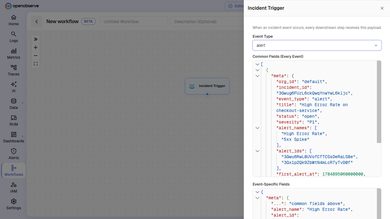 incident trigger node drawer with split view showing common and event-specific fields